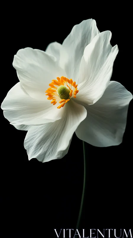 White Daffodil with Golden Stamens Against Dark Background.