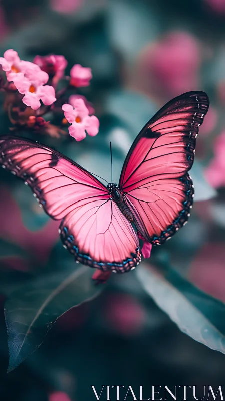 Graceful pink butterfly rests softly among garden blooms