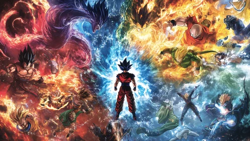 Clashing elemental warriors encircle central anime fighter.