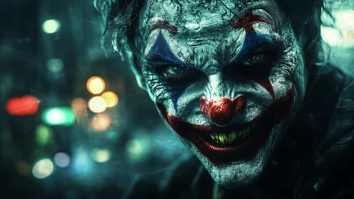 Sinister clown portrait with high contrast lighting and gritty texture