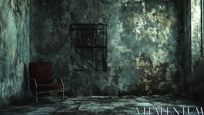 Decayed concrete chamber with solitary red armchair and rusted grille.