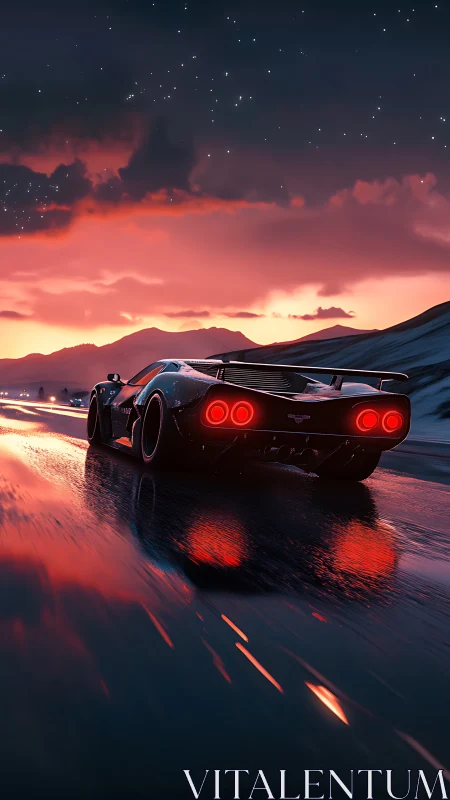 Sports car on wet highway under vivid sunset sky.
