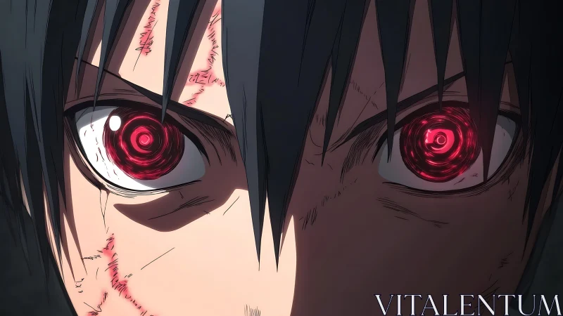 Scarred anime warrior eyes burn with crimson spiral power