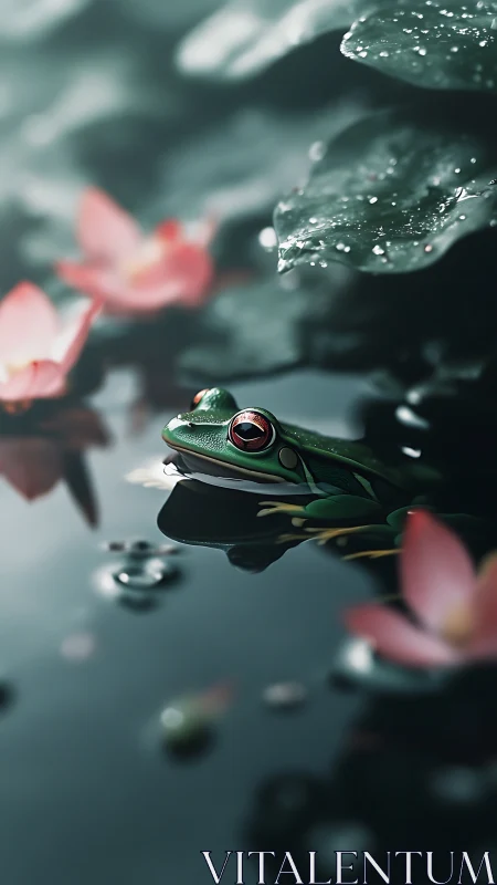 Red-eyed tree frog resting in reflective lotus pond at dusk