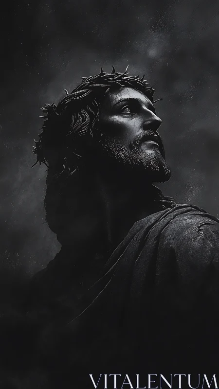 Dramatic monochrome portrait of crowned, sorrowful savior