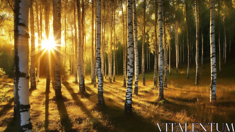 Sunlight passes through aligned birch trunks in dense forest