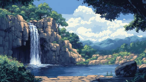 Digital painting landscape with tiered waterfall and forest basin.