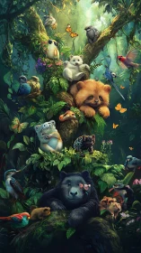 Vertical rainforest tableau uniting stylized mammals and birds