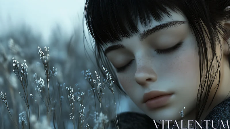 Gentle girl resting among soft blue wildflower dreams.