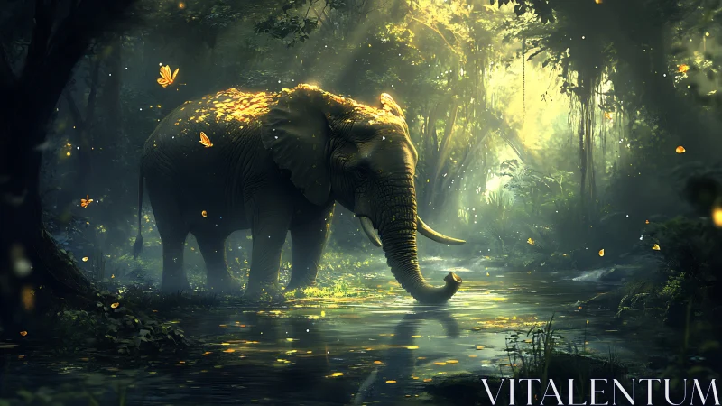 Elephant standing in forest stream with glowing butterflies.