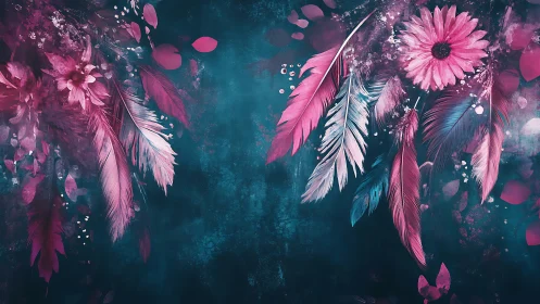 Dreamcatcher Floral Composition: Teal-Magenta Feathered Gerbera Daisy Still Life.