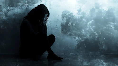 Low-key silhouette of seated woman against textured blue wall