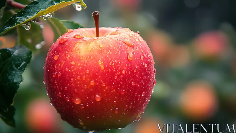 Red apple with water droplets hanging on tree branch.