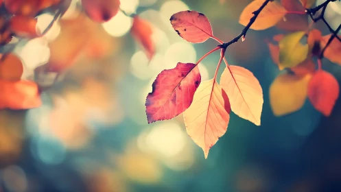 Autumn leaves with soft bokeh background in warm light.