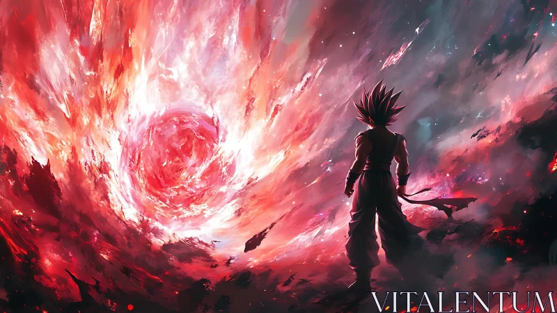 Lone warrior confronting apocalyptic cosmic energy vortex.