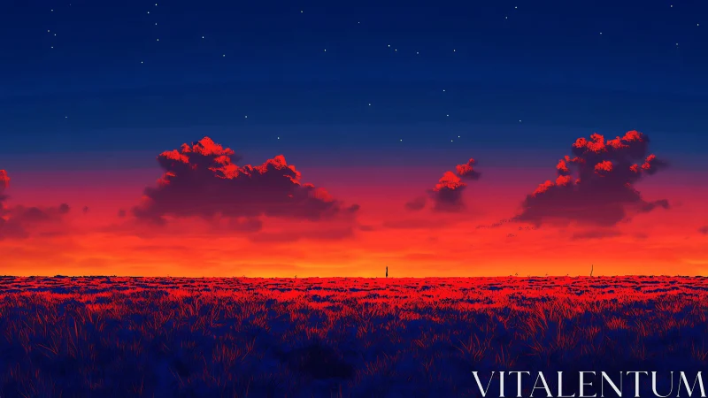 Neon prairie sunset under deep cobalt twilight sky.