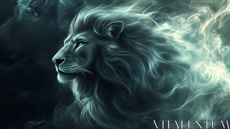 Majestic cosmic lion drifting through swirling starlit mist.