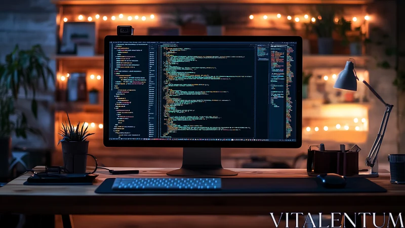Single-monitor coding workstation under warm bokeh studio lighting