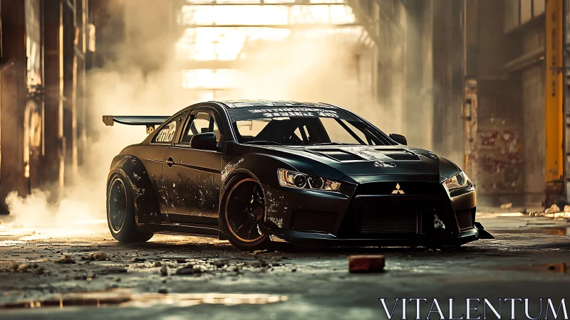Modified black Mitsubishi race car sits in dusty warehouse