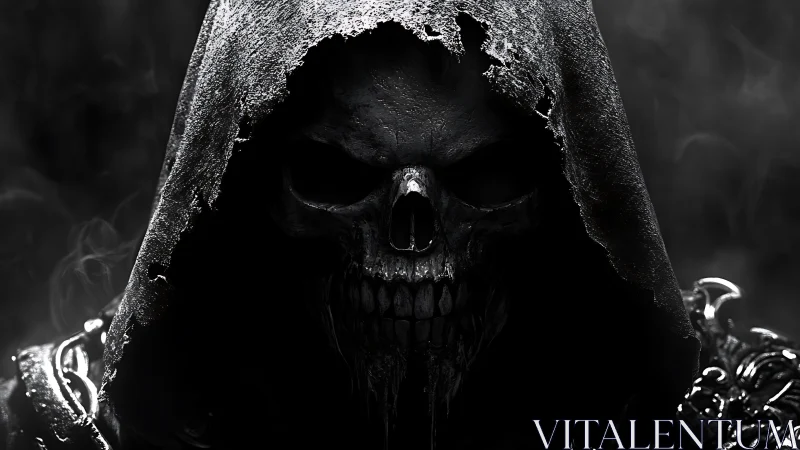 Hooded deathmask leans from the smoke, grinning into shadow