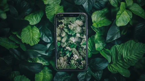 Smartphone lies on dense green foliage, screen mirroring leaves