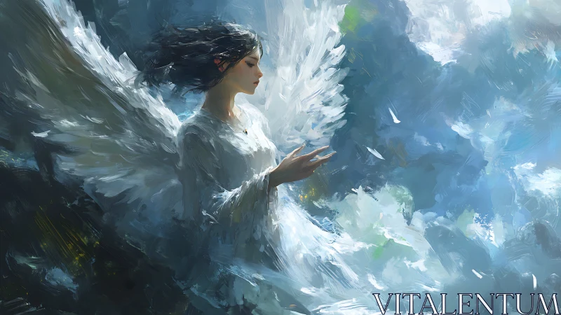 Serene winged woman in white against swirling blue sky.