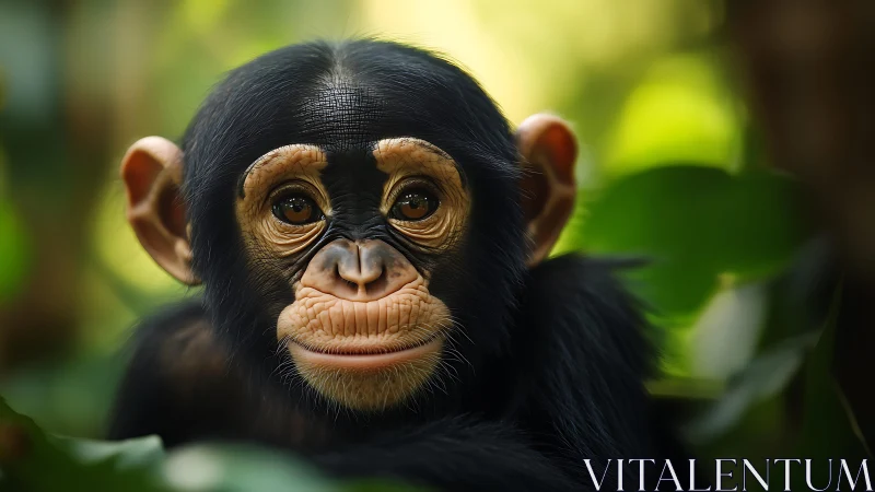 Juvenile chimpanzee portrait rendered in soft jungle bokeh lighting