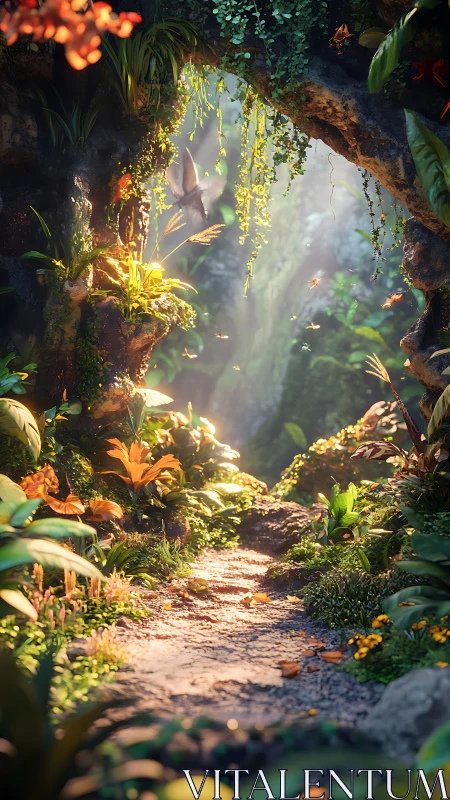 Sunlit woodland path with dense foliage and rock archway.