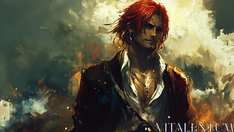 Brush-textured red-haired swordsman emerges from turbulent light field