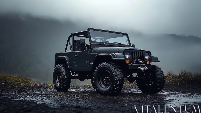 Midnight off-road outlaw poses beneath brooding mountain fog