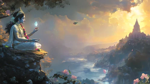 Meditating goddess on cliff above river and distant temple.