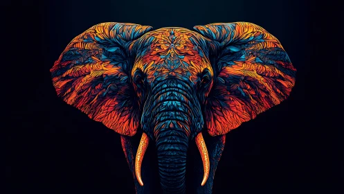 Chromatic elephant unfurls neon-feathered ears in darkness