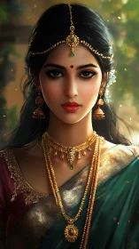 Regal portrait of woman in emerald silk and gold jewelry.