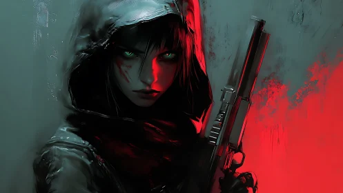 Hooded gunfighter in red light with intense green gaze.