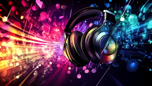 Neon headphones explode through dynamic music light trails.