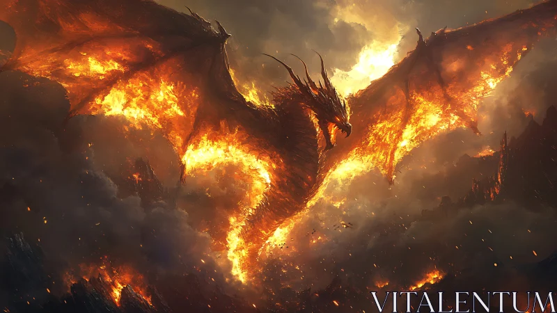 Blazing sky dragon swirling through storms of molten light.