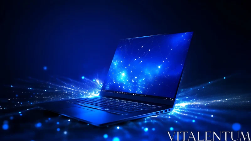 Sleek laptop emits vivid blue digital light in dark space