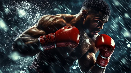 Powerful Boxer in Red Gloves Executing Dynamic Punch Motion.