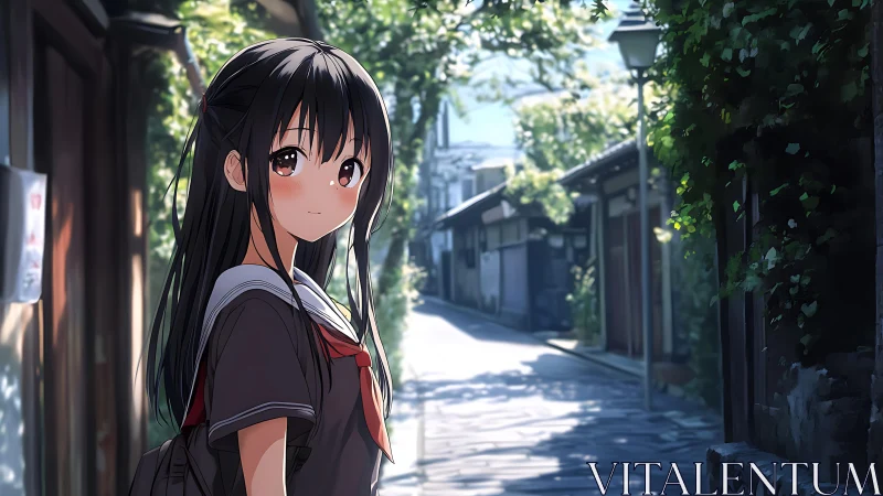 Anime schoolgirl in shaded alley with high-contrast midday lighting