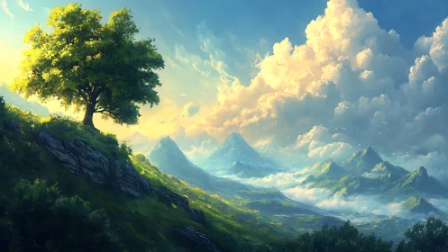 Solitary hillside tree overlooks layered misty mountain valley