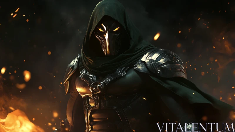 Hooded armored wraith emerging from molten embers at night.