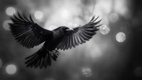 Black Bird in Flight Against Bokeh Background.