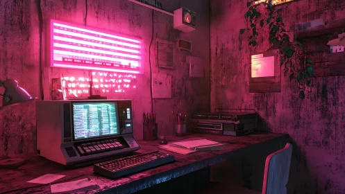 Retro workstation under neon magenta glow in distressed room.