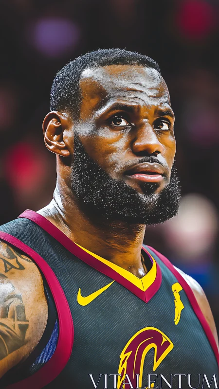 Focused basketball player portrait under arena lights.