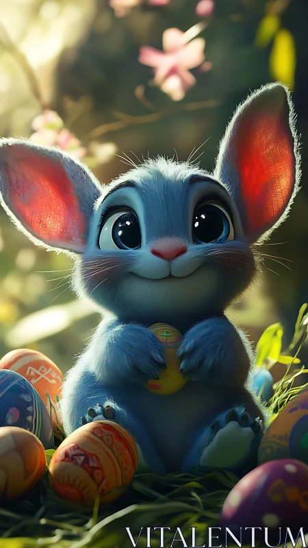 High-detail 3D bunny character holding ornate Easter egg in bokeh field