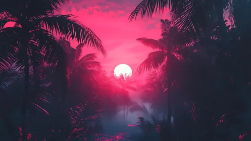 Neon pink sunset illuminates silhouetted tropical palm forest