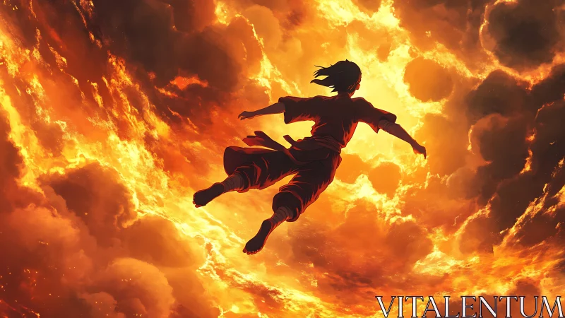 Silhouetted figure suspended against intense orange flame formations.