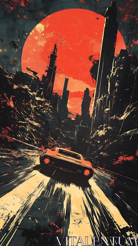 Red sports car races through ruined city under huge sun.