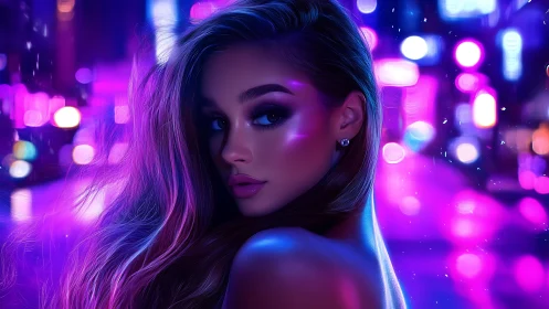 Digital portrait depicts woman in neon lit urban environment