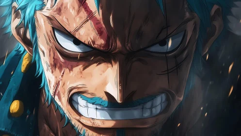 Battle-scarred blue-haired warrior locked in burning fury.